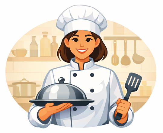A smiling host presenting a covered dish