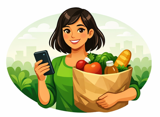 A smiling member holding a phone and a bag of fresh groceries